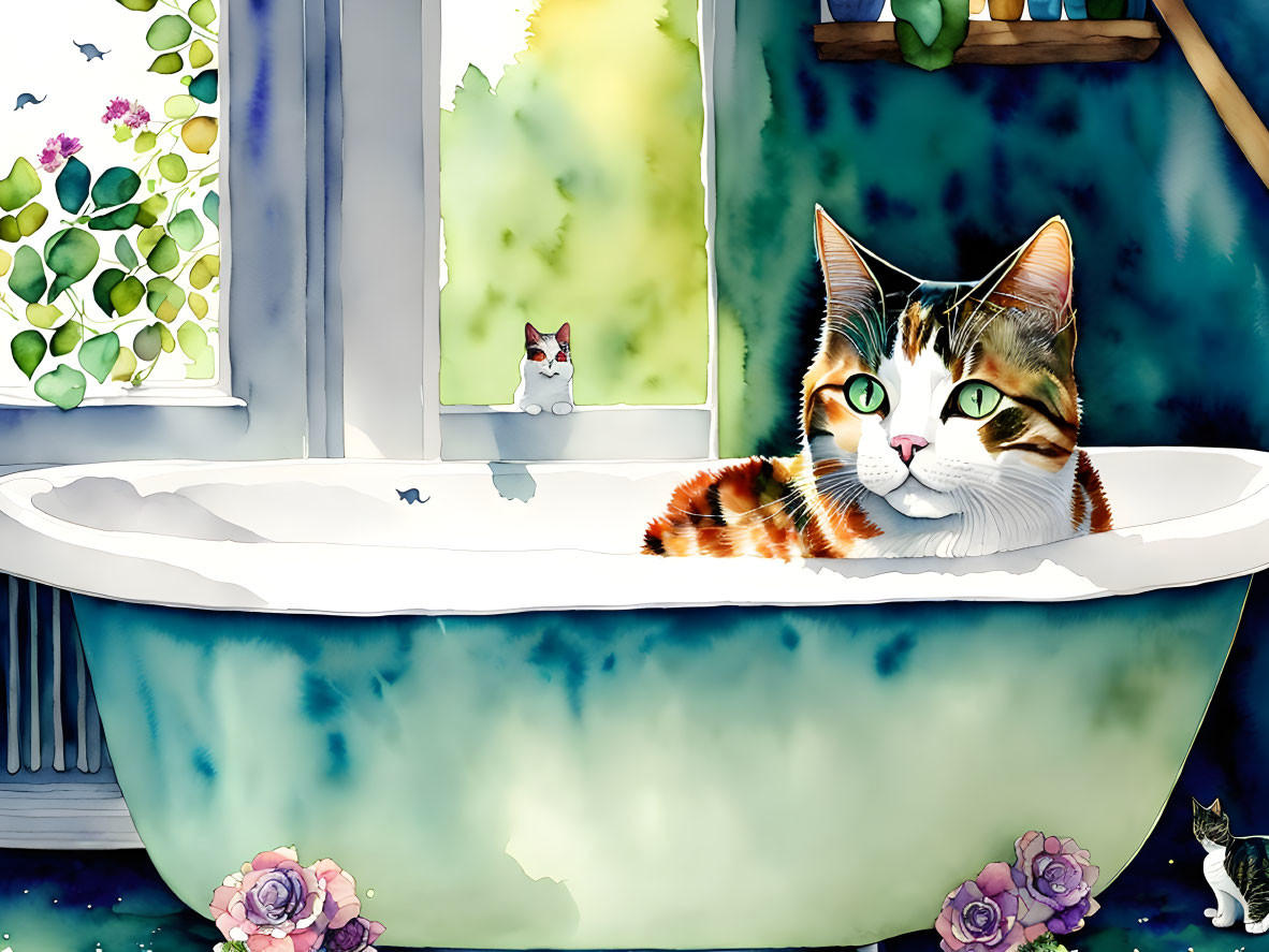 Colorful Cat in Claw-Foot Bathtub with Flower Vines and Window Cat