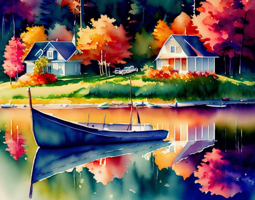 Autumnal watercolor painting: Houses, trees, lake, dock, blue boat