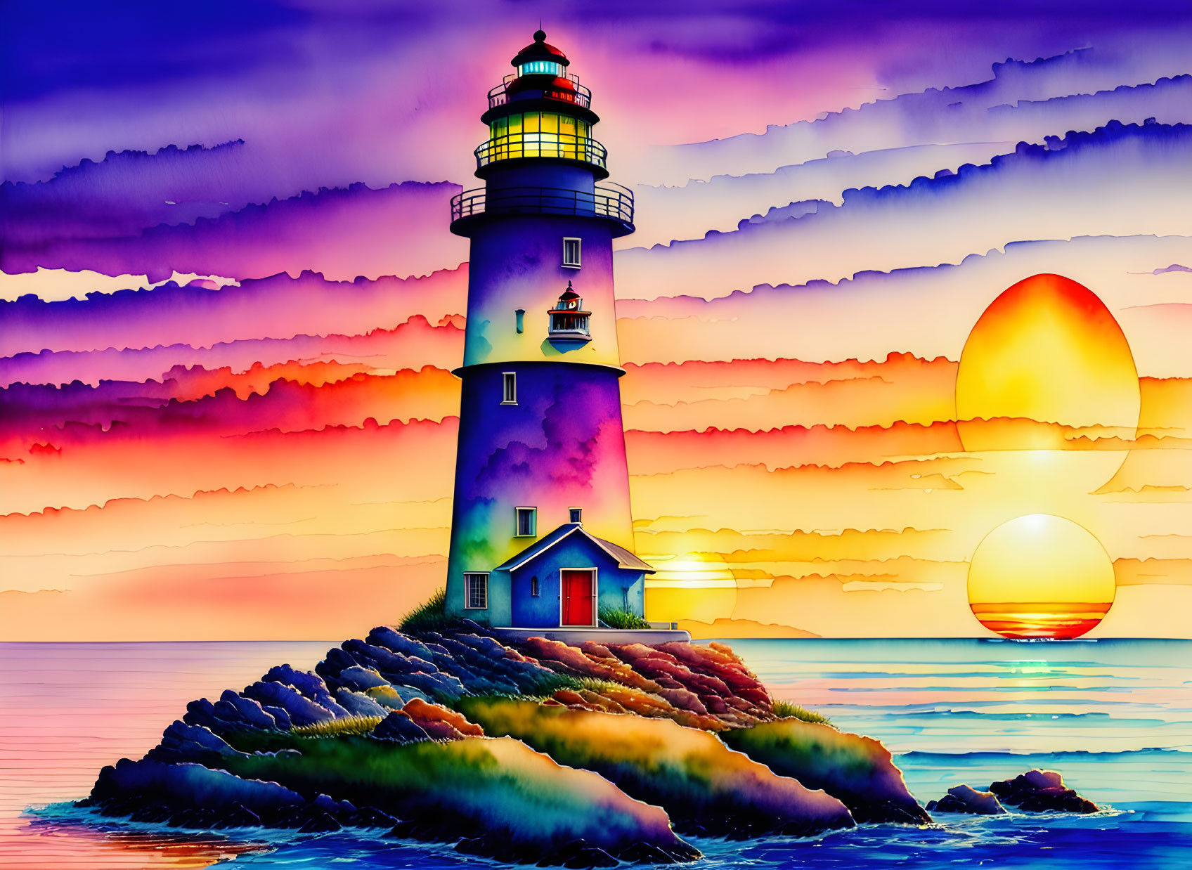 Vibrant sunset illustration of lighthouse on island