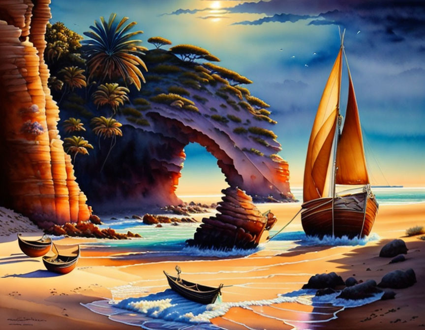 Tranquil beach sunset with sailboat, smaller boats, and rock formation