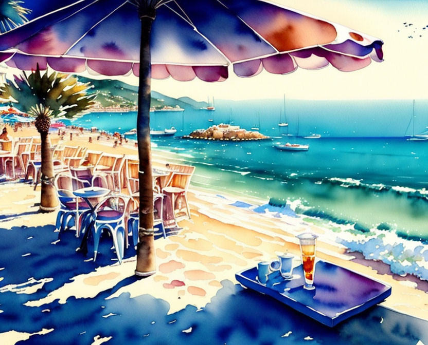 Seaside Café Watercolor Painting with Purple Umbrella & Sailboats