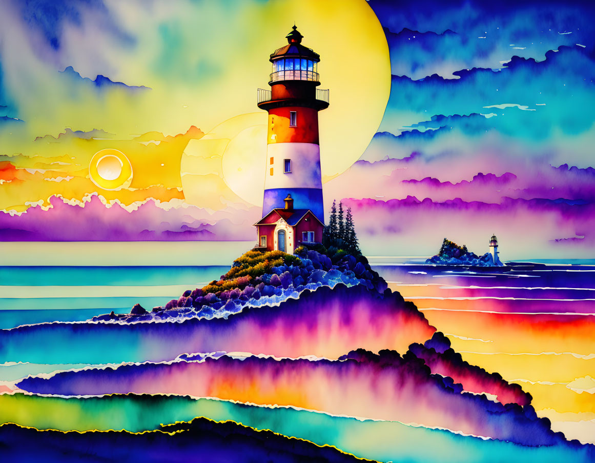 Scenic lighthouse on cliff at sunset with vibrant sky