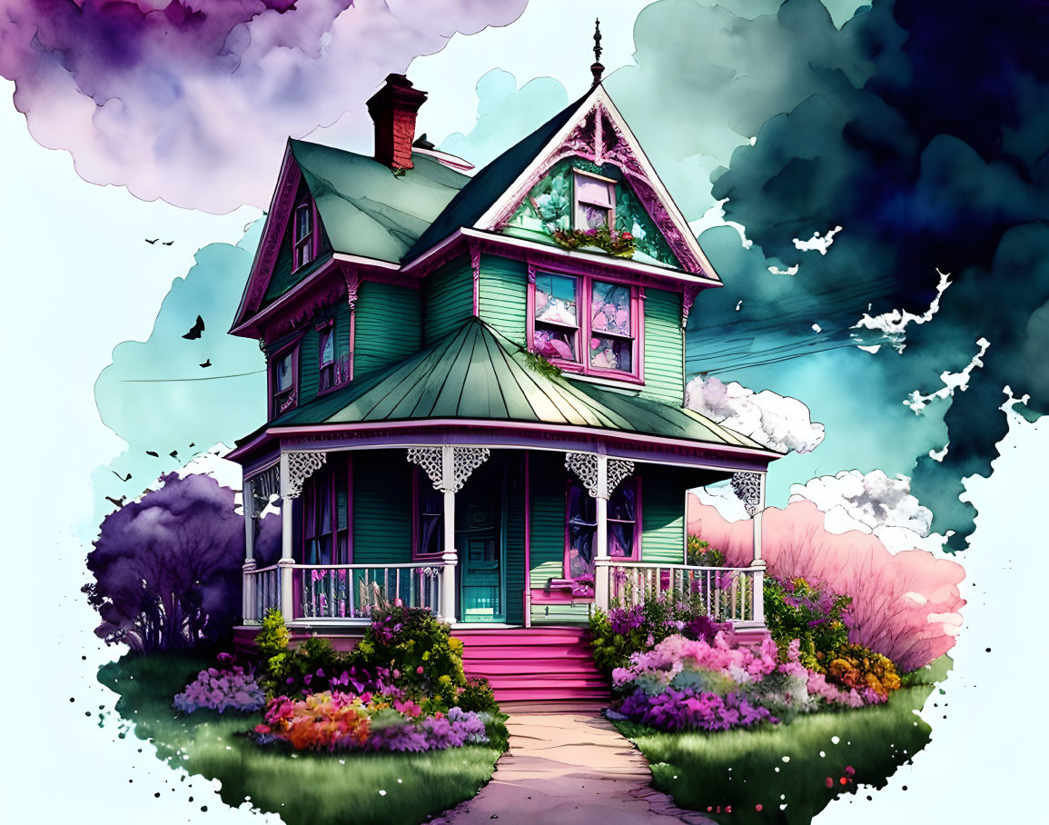 Whimsical green Victorian-style house surrounded by lush gardens under a vibrant purple sky