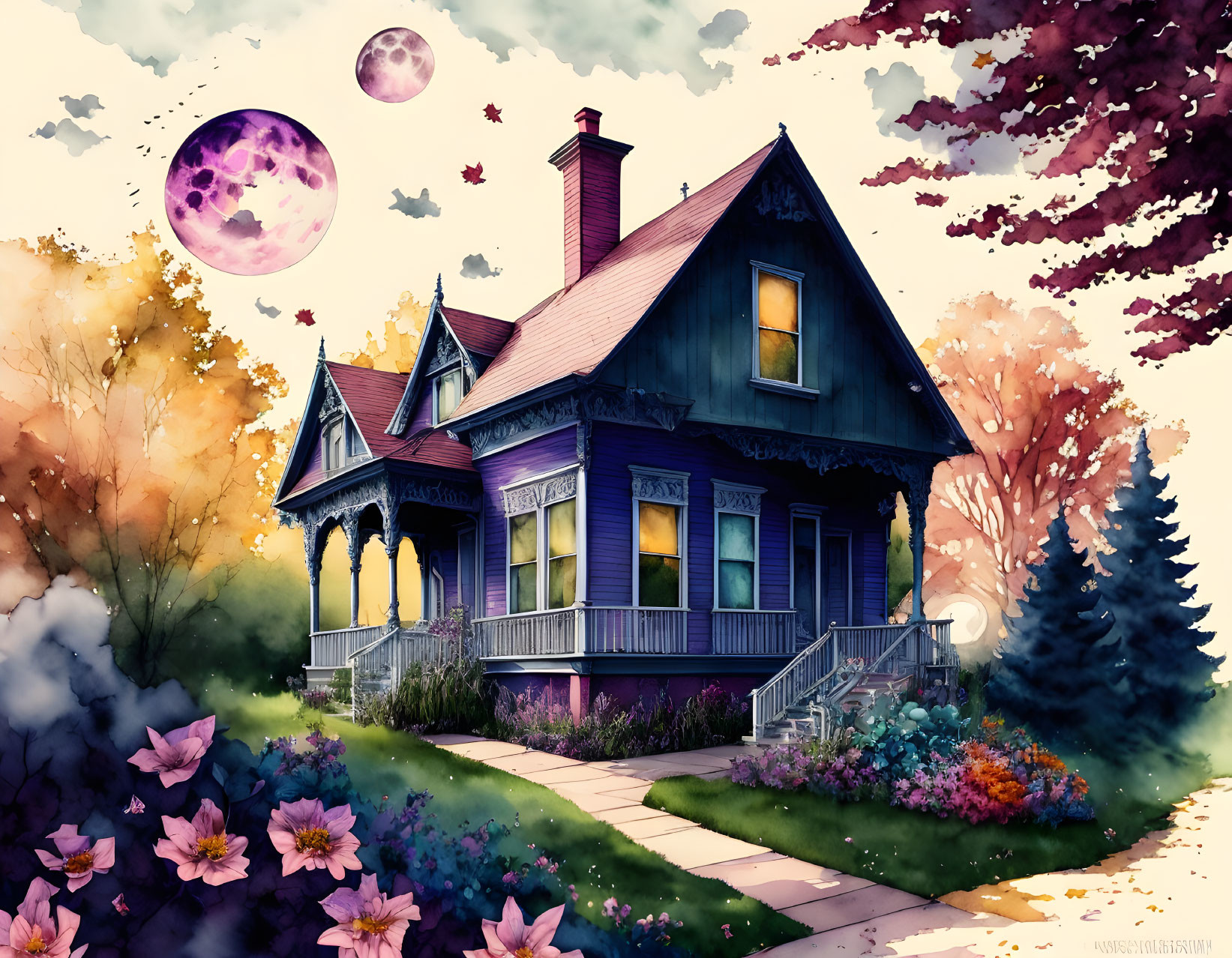 Victorian-style house in autumn twilight with multiple moons and falling leaves