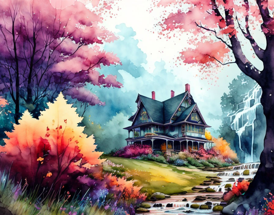 Vibrant Watercolor Illustration of Victorian House in Autumn Landscape