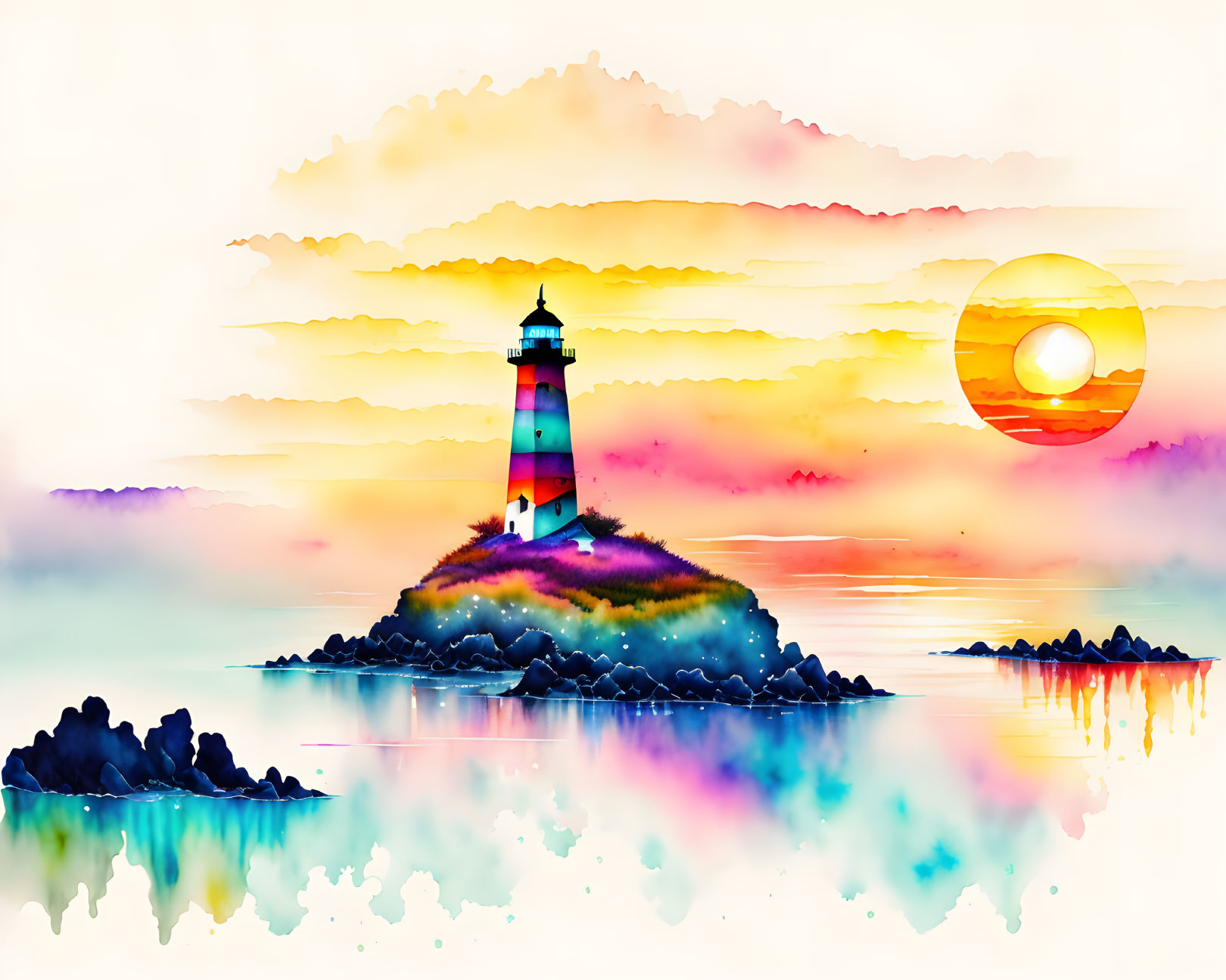 Colorful watercolor illustration: Lighthouse on islet at sunset