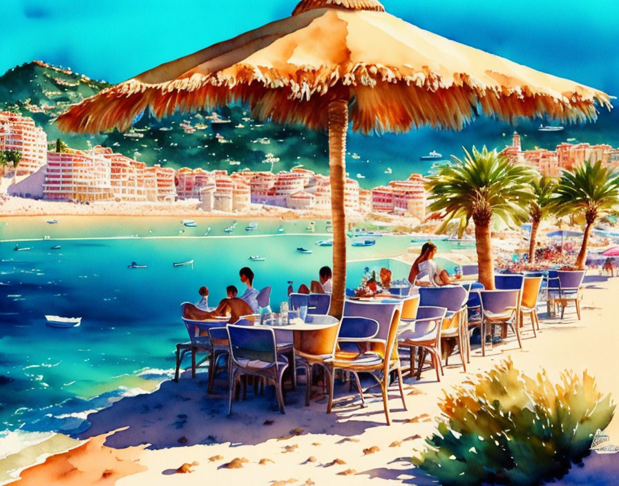 Colorful Watercolor Painting of Beachside Café with Umbrella, Bay, Boats, and Town