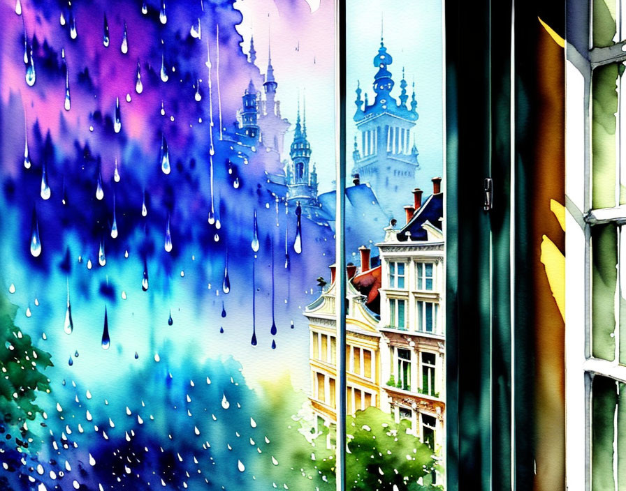 Colorful Watercolor Painting of Rainy Cityscape