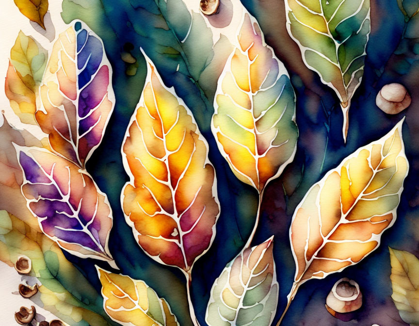 Colorful Autumn Leaves Watercolor Painting with Textured Background and Acorns