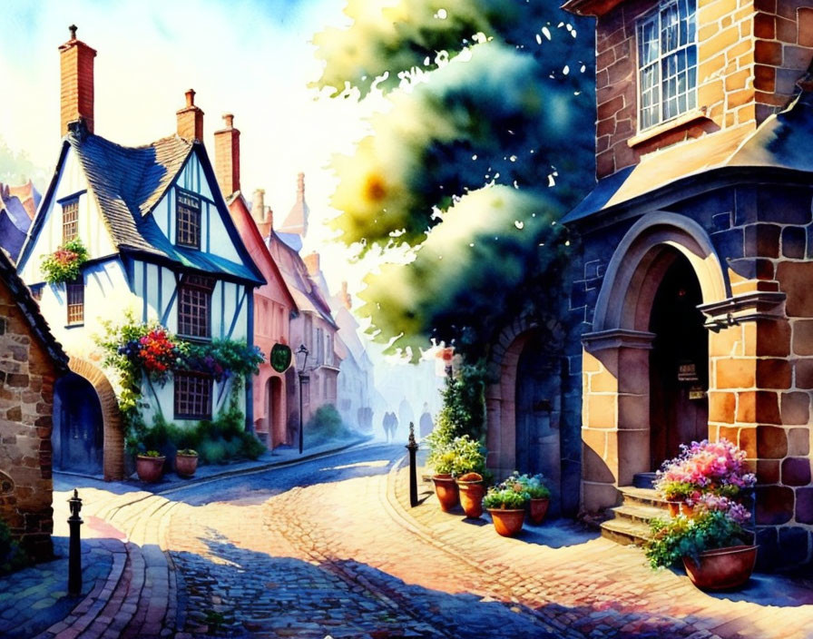 Charming village street watercolor painting with blooming flowers