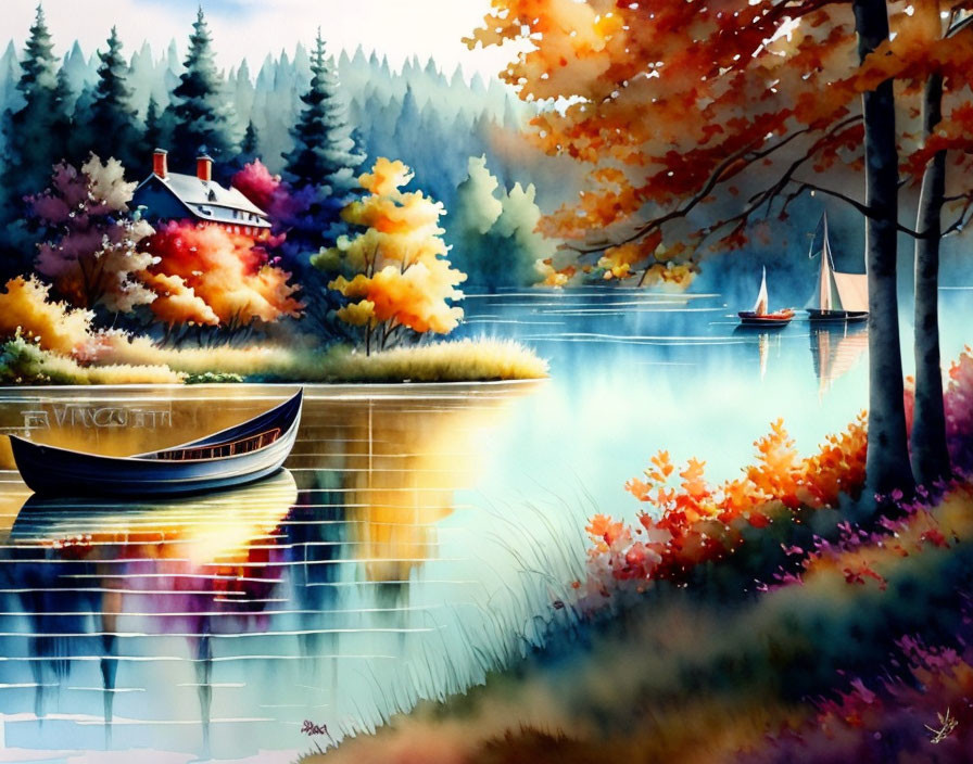 Tranquil lake scene with boat, autumn trees, and cottage