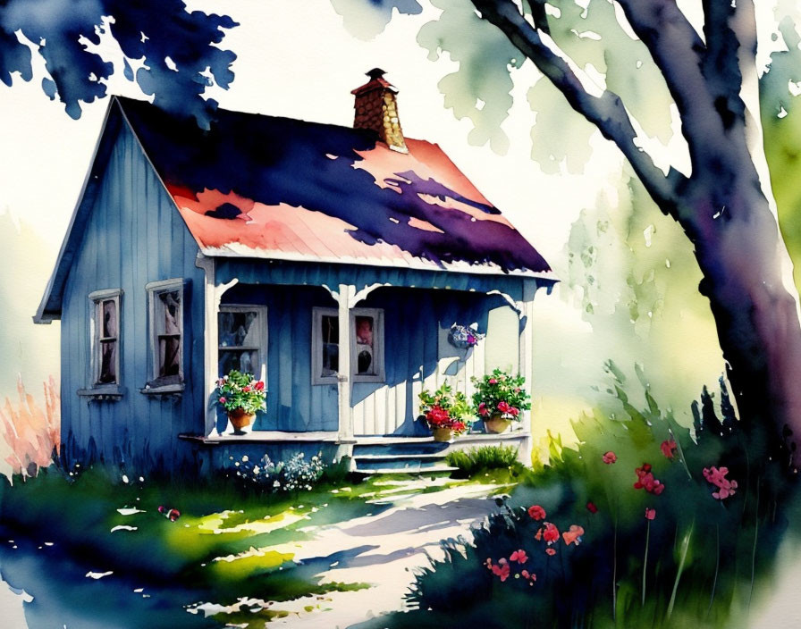 Charming watercolor of small blue house in lush garden