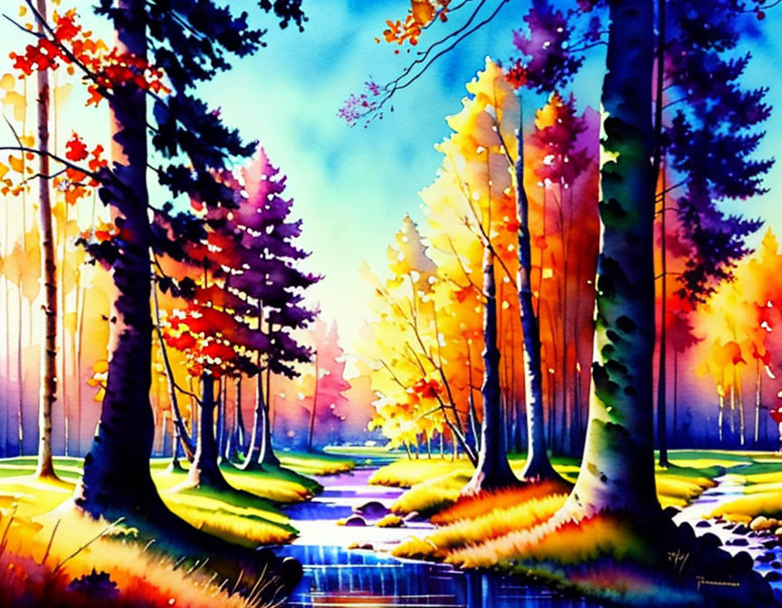 Colorful Autumn Forest Watercolor Painting with Stream