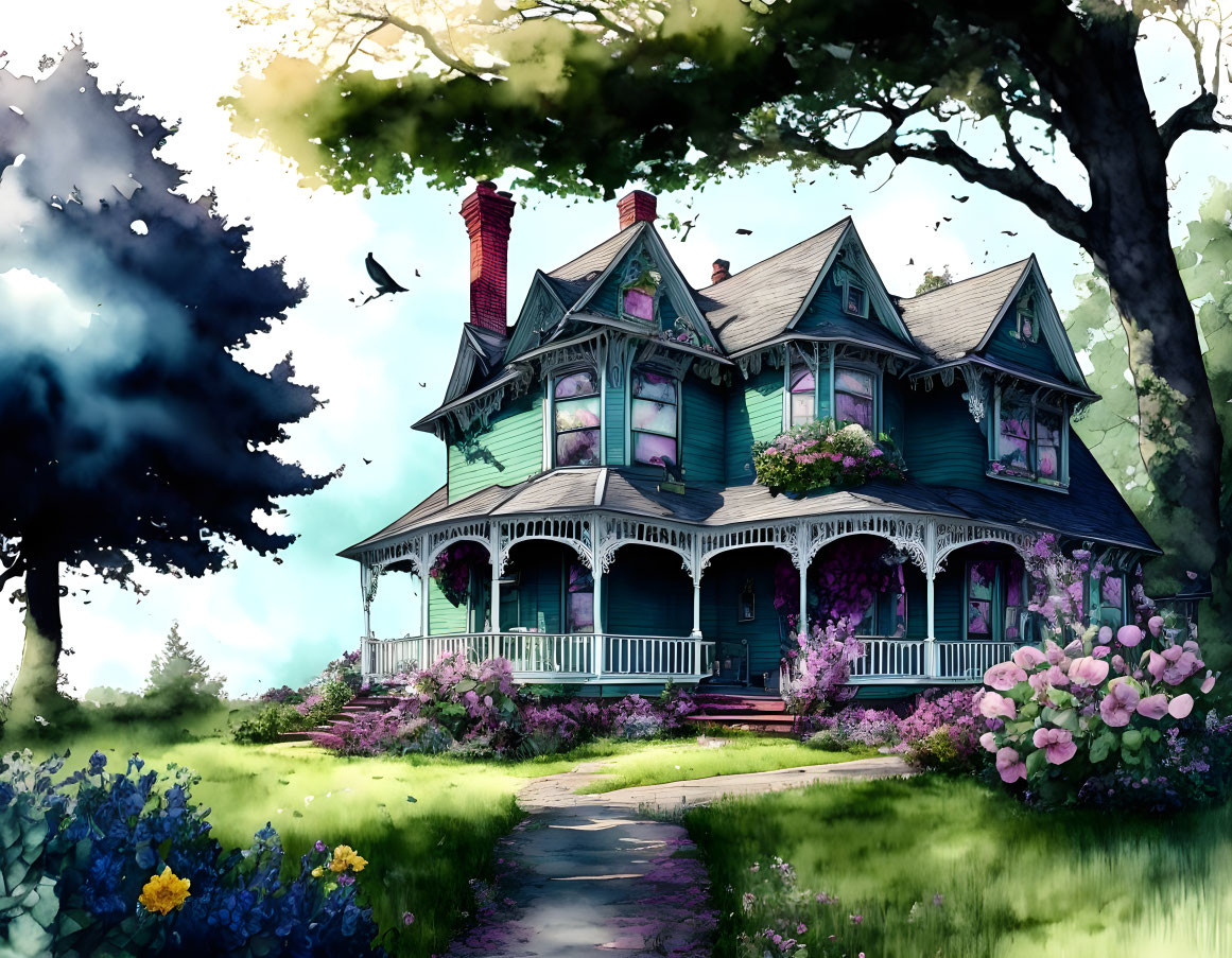 Victorian-style house surrounded by greenery, colorful flowers, and flying birds