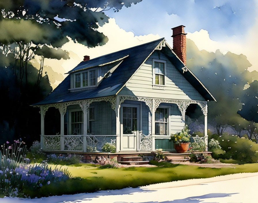 Illustrated cottage with picket fence in greenery and flowers at dusk