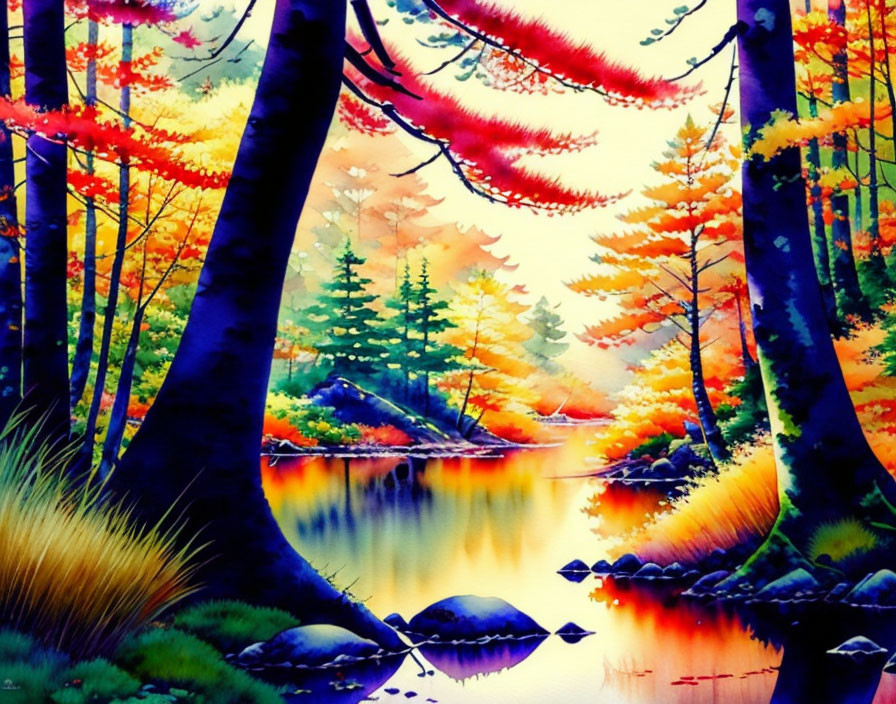 Serene autumn forest watercolor painting with colorful trees and calm pond