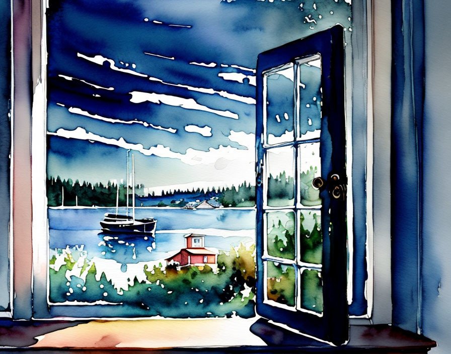 Serene watercolor painting of an open window with boat, blue skies, and greenery