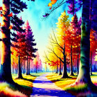 Colorful Autumn Forest Watercolor Painting with Stream