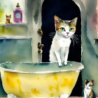 Whimsical watercolor painting of white cat in bathtub