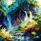 Tropical waterfall painting with lush foliage and vivid colors