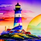 Vibrant sunset illustration of lighthouse on island