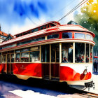 Colorful painting: red and white tram on city street with pedestrians and historic buildings under blue sky.