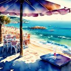 Seaside Café Watercolor Painting with Purple Umbrella & Sailboats