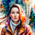 Portrait of woman with blue eyes in colorful scarf against fall backdrop