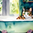 Colorful Cat in Claw-Foot Bathtub with Flower Vines and Window Cat