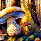 Colorful Mushrooms and Leaves in Fantasy Forest Setting