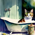 Vibrant calico cat in bathtub with whimsical blue-green background