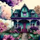 Colorful Victorian House Surrounded by Flowers and Birds