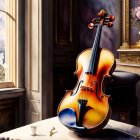 Classical violin and bow on table with flowers in warmly lit room