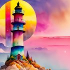 Lighthouse by the Sea: Day and Night Split Circle Artwork