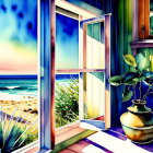 Serene beach scene with open window and potted plant