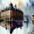 Watercolor painting of grand building, vintage tram, and rainy sky reflection