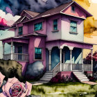 Modern two-story house with large windows, colorful clouds, and oversized roses.