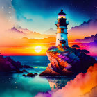 Colorful sunset lighthouse illustration with cliffs and foliage