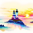 Colorful watercolor illustration: Lighthouse on islet at sunset