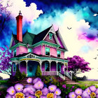 Colorful Victorian house illustration with surreal background and flying birds.