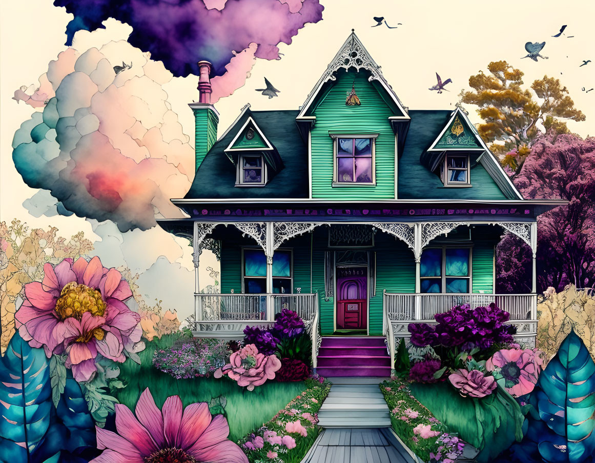 Colorful Victorian House Surrounded by Flowers and Birds