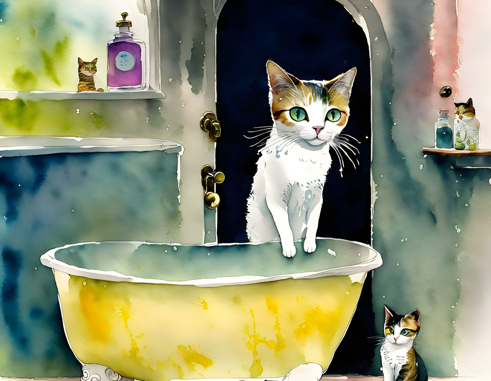 Whimsical watercolor painting of white cat in bathtub