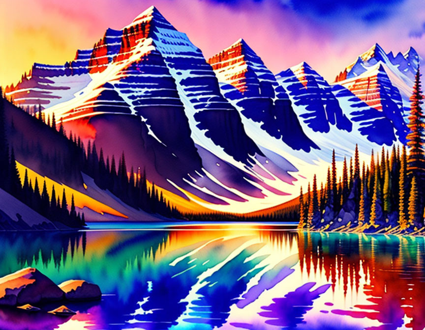 Colorful Mountain Range Reflection in Serene Lake at Sunset/Sunrise