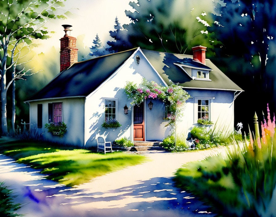 Charming white cottage with red door in lush greenery landscape