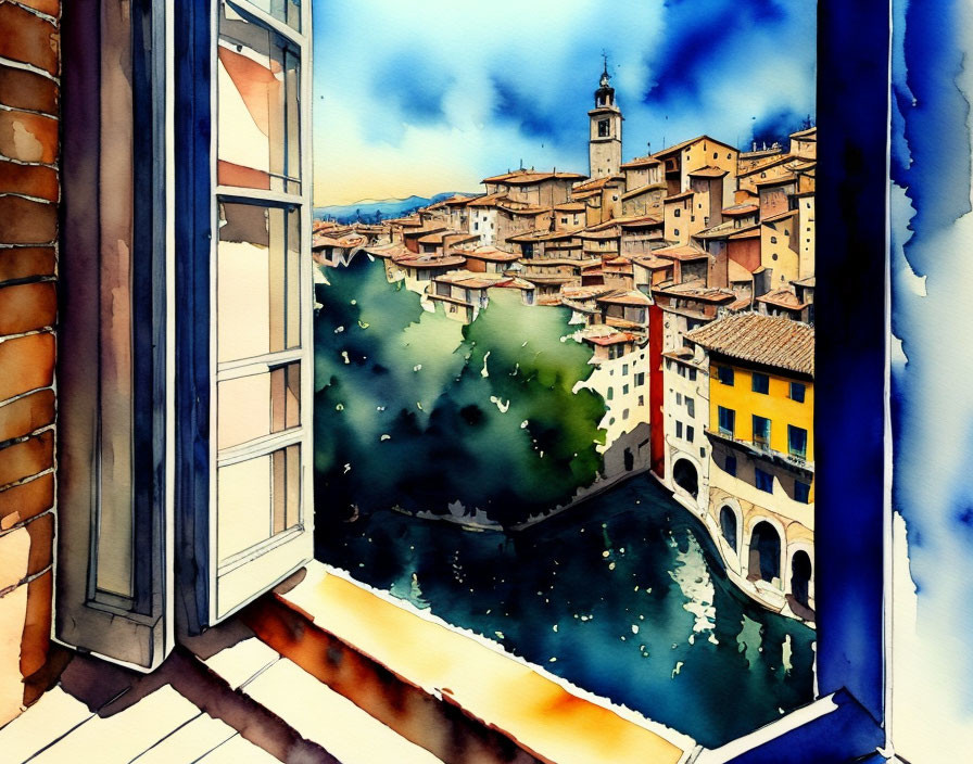 Vibrant Watercolor Painting of European Townscape