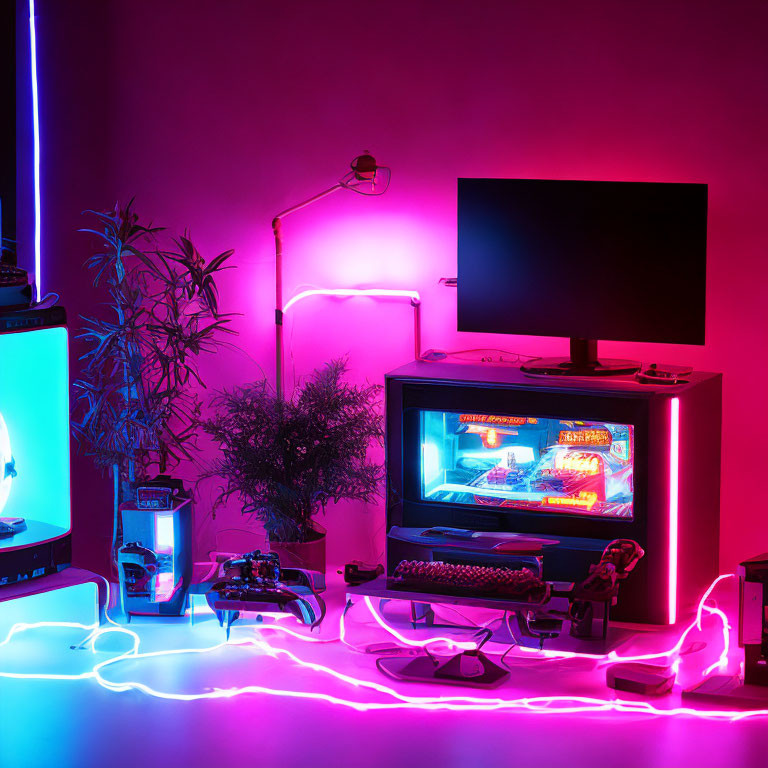 Colorful gaming setup with neon lights, arcade machine, consoles, plants, pink & purple backdrop