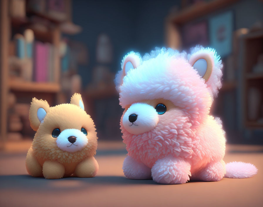 Fluffy animated toy creatures in cozy room with bookshelves