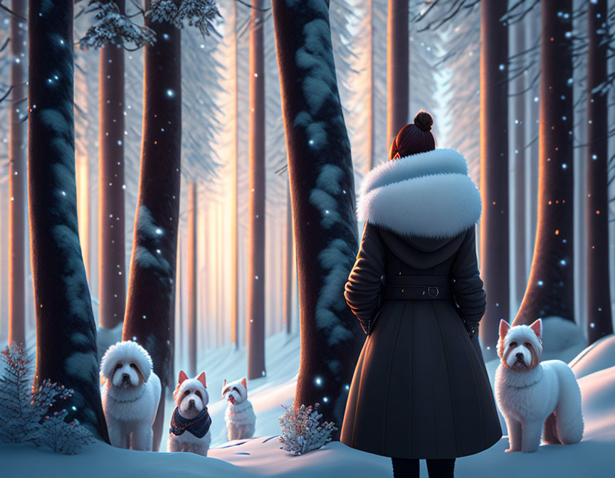 Person in warm coat with four fluffy dogs in snowy forest with sunlight.