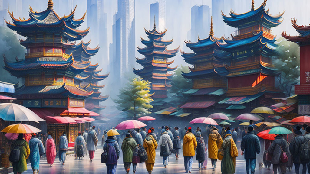 Traditional Asian street scene with people and pagodas against modern skyscrapers.