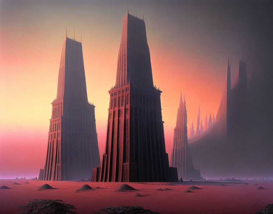 Towering futuristic spires in desert under pink sky